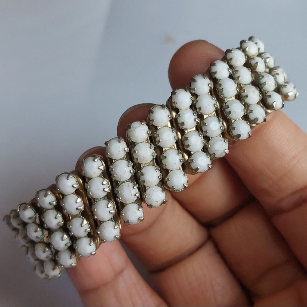 Vintage Made in Japan Prong Set White Plastic Rhinestone Expandable Bracelet